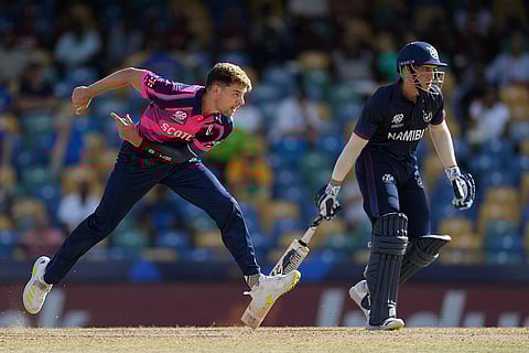 Brad Currie bowls against Namibia
